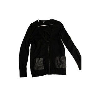 Banana Republic Cardigan Faux Leather Pockets Black Cotton Rayon Wool Med Zip Up